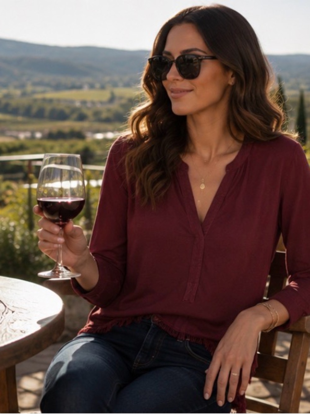 ✨ Michael Stars Fringe Hem Top Burgundy Long Sleeve Boho Luxe Tee ✨